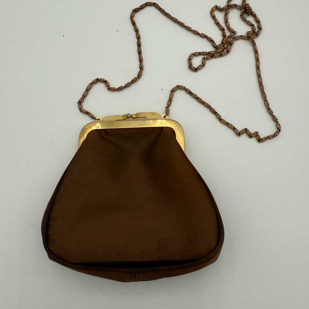 Vintage 1940's Brown Satin Kiss Lock Evening Clutch Purse with Gold Chain